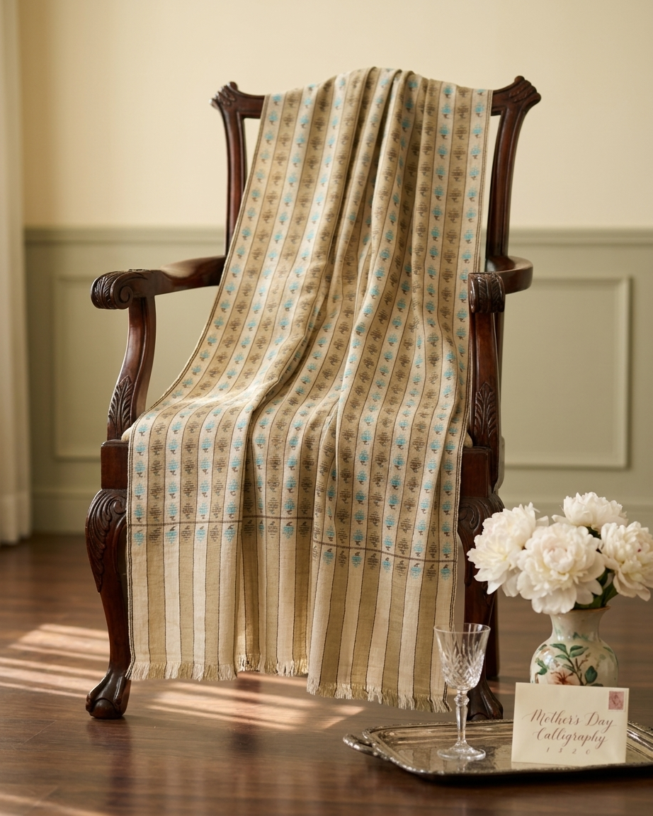 Olive Cream Stripe Turquoise Geometric Kani Cashmere Pashmina Shawl — image 8