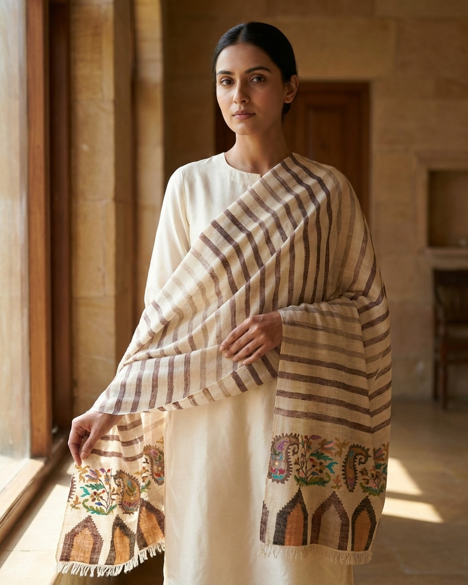 Cream Coffee Stripe Paisley Border Kani Cashmere Pashmina Shawl — Handwoven in Kashmir — image 1