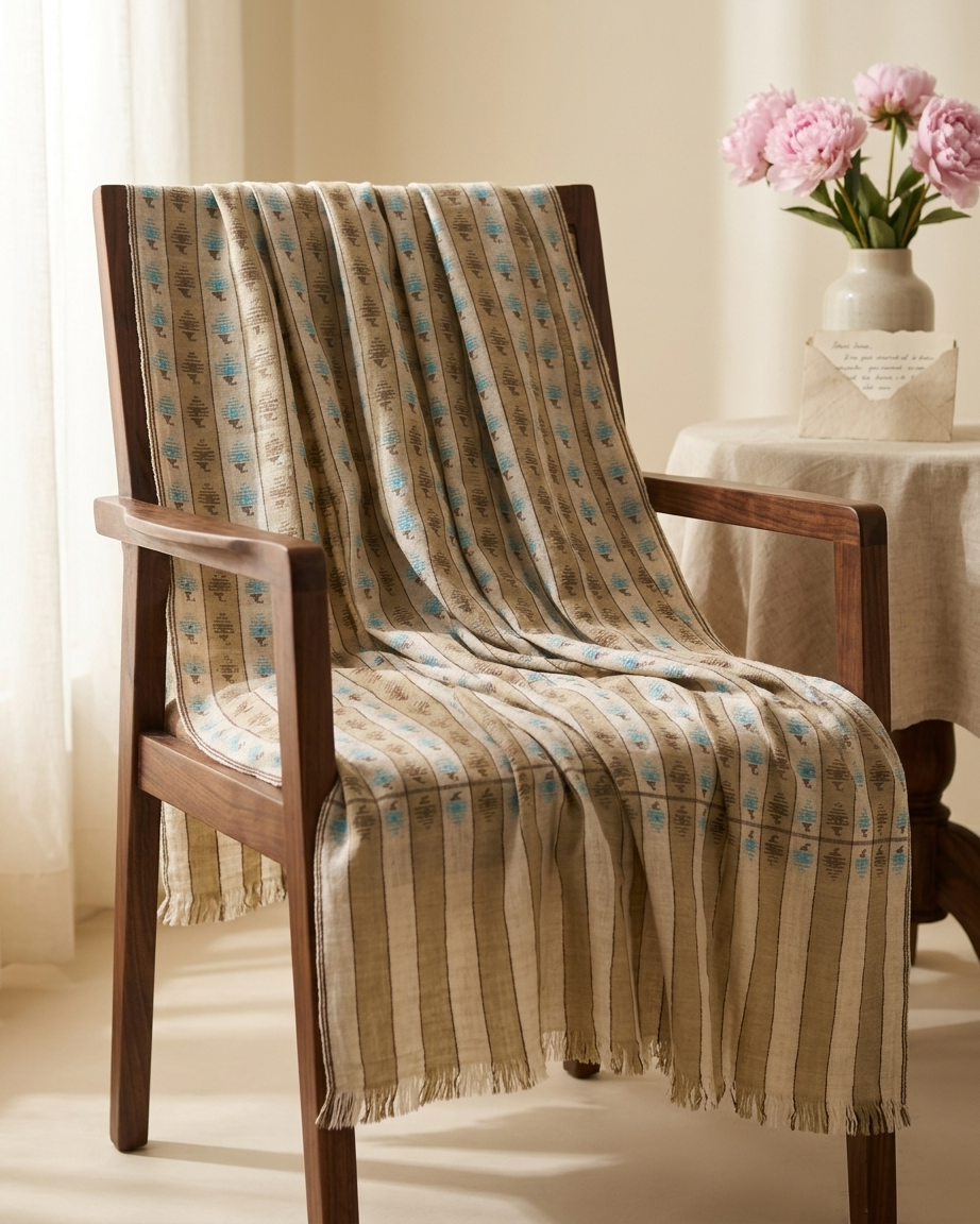Olive Cream Stripe Turquoise Geometric Kani Cashmere Pashmina Shawl — image 10