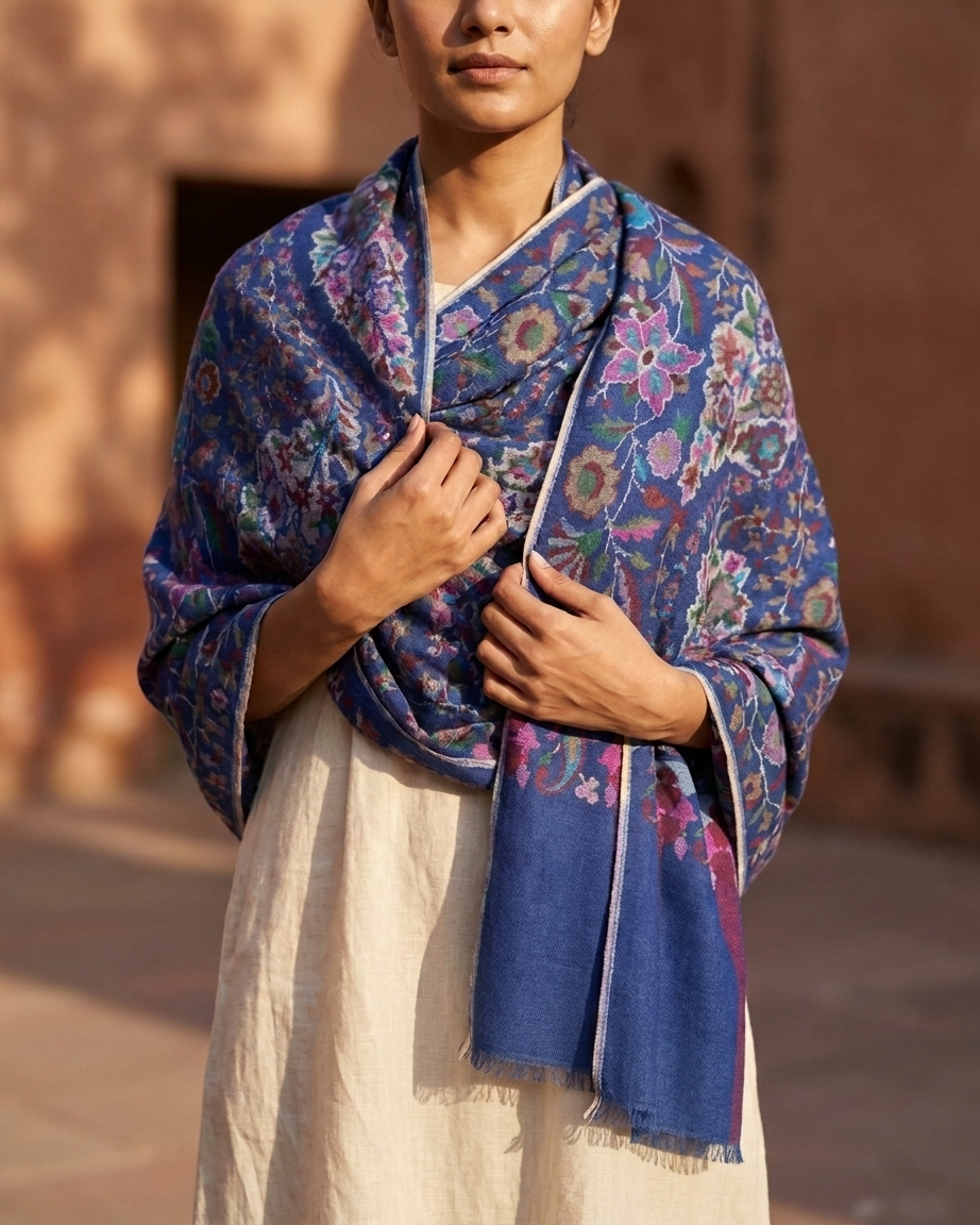 Royal Blue Floral Jaal Kani Cashmere Pashmina Shawl — Handwoven in Kashmir — image 2