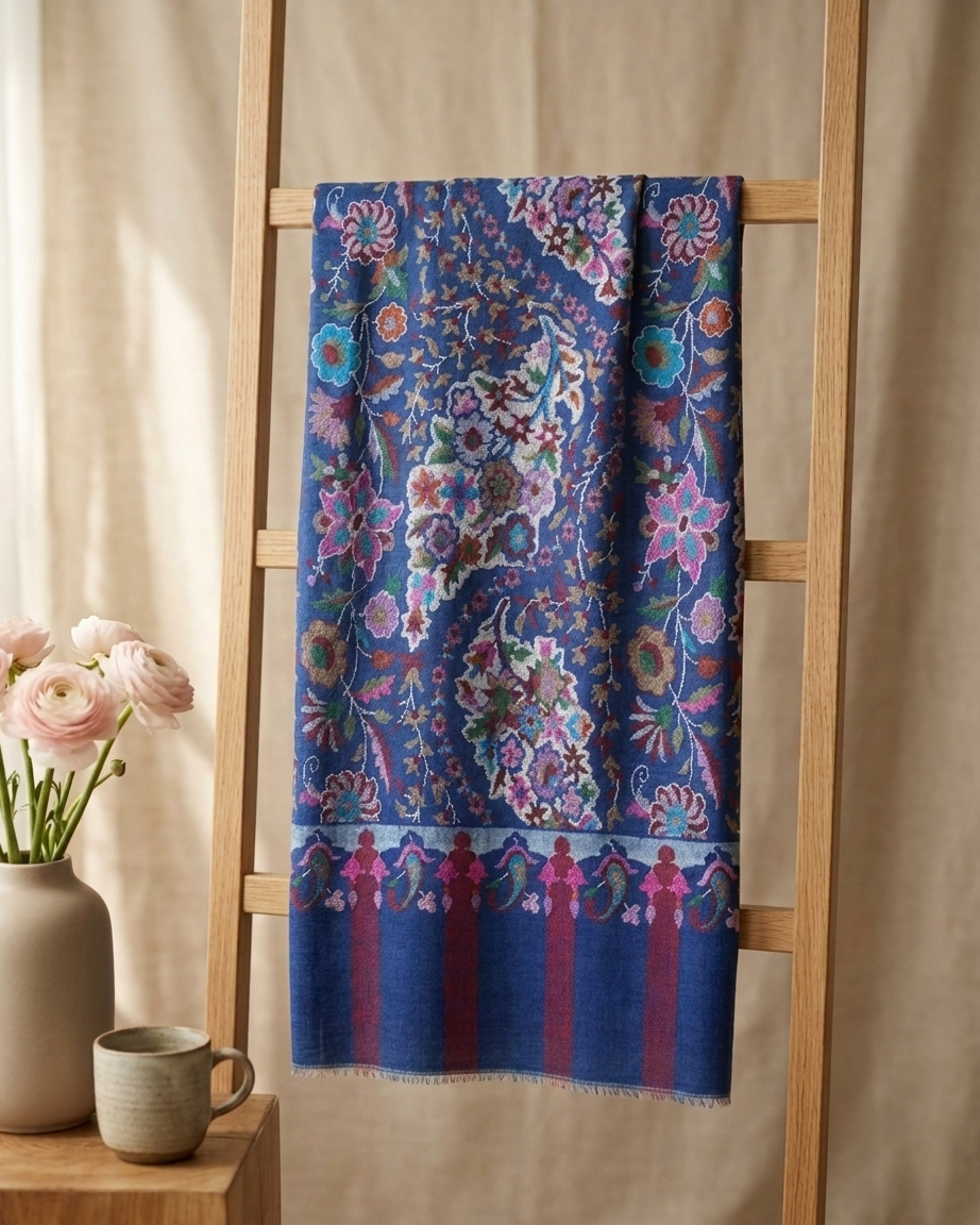 Royal Blue Floral Jaal Kani Cashmere Pashmina Shawl — Handwoven in Kashmir — image 3