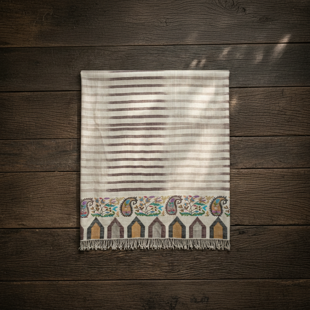 Cream Coffee Stripe Paisley Border Kani Cashmere Pashmina Shawl — Handwoven in Kashmir — image 3