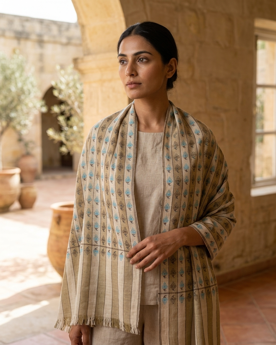 Olive Cream Stripe Turquoise Geometric Kani Cashmere Pashmina Shawl — image 1