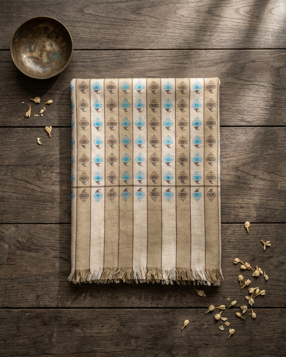 Olive Cream Stripe Turquoise Geometric Kani Cashmere Pashmina Shawl — image 12