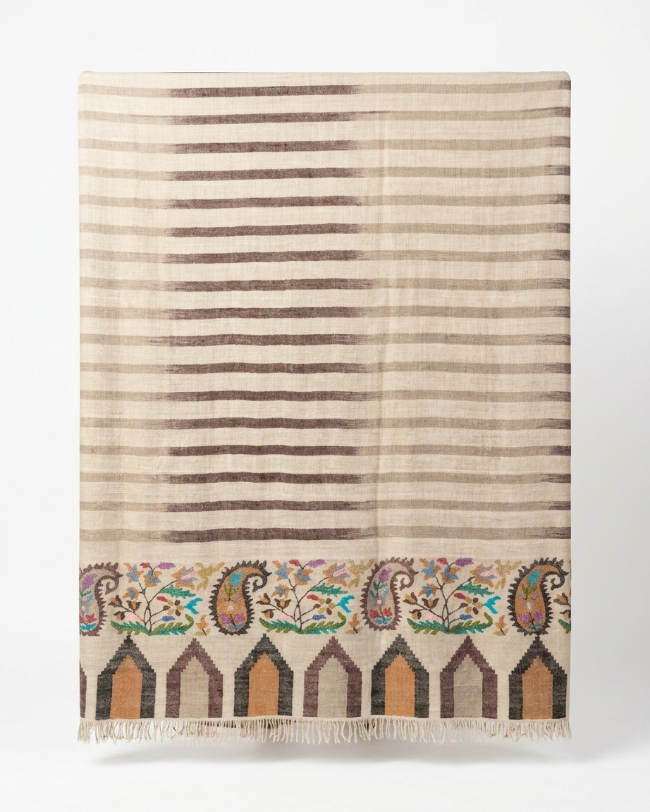 Cream Coffee Stripe Paisley Border Kani Cashmere Pashmina Shawl — Handwoven in Kashmir — image 2