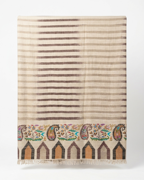 Cream Coffee Stripe Paisley Border Kani Cashmere Pashmina Shawl — Handwoven in Kashmir — image 2