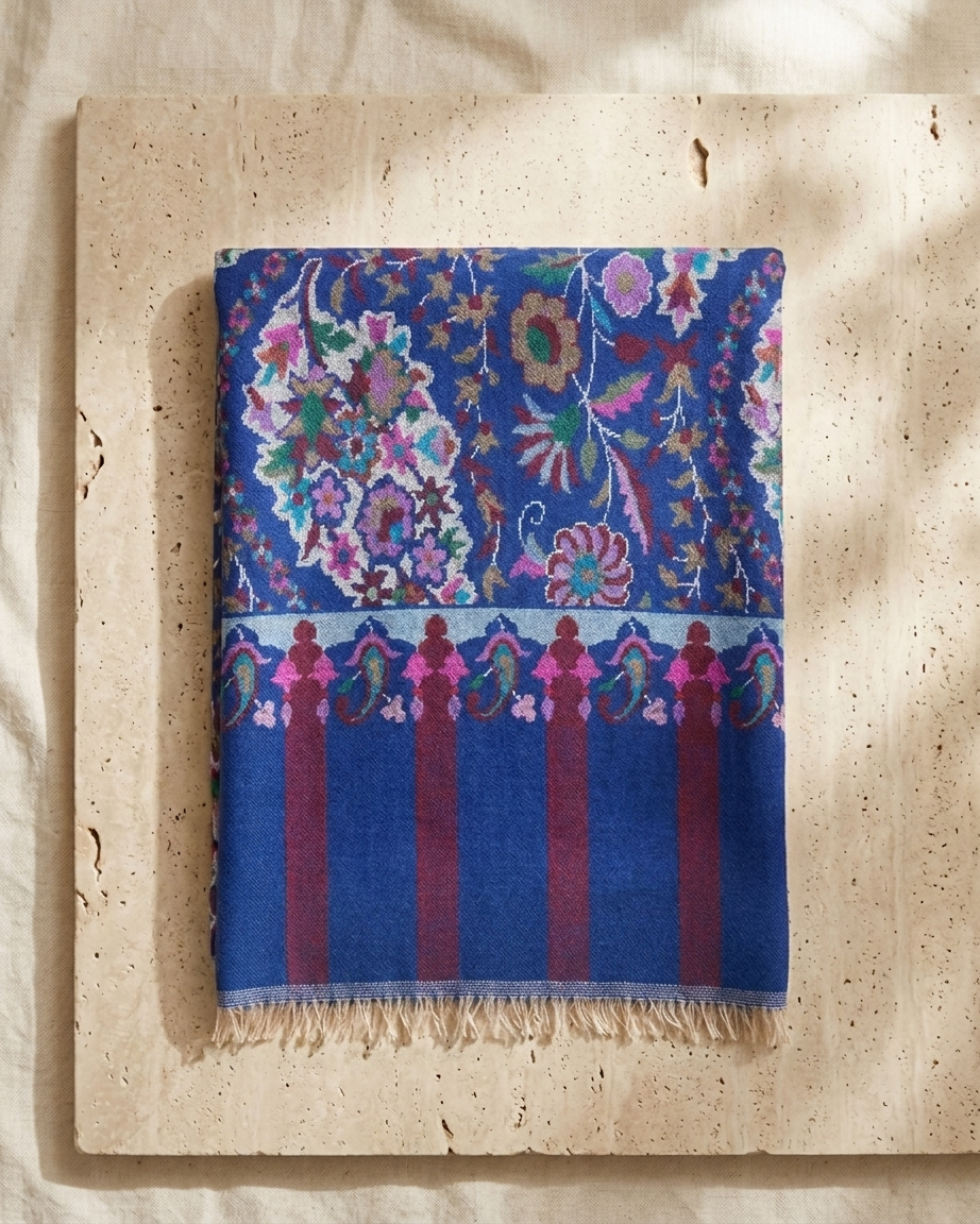 Royal Blue Floral Jaal Kani Cashmere Pashmina Shawl — Handwoven in Kashmir — image 4