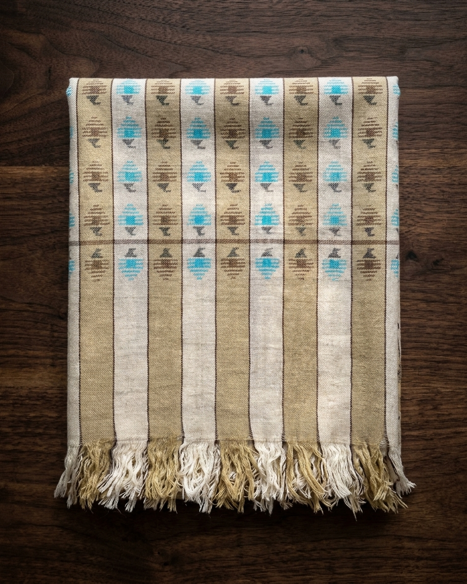 Olive Cream Stripe Turquoise Geometric Kani Cashmere Pashmina Shawl — image 14
