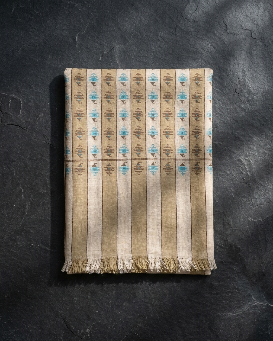 Olive Cream Stripe Turquoise Geometric Kani Cashmere Pashmina Shawl — image 5