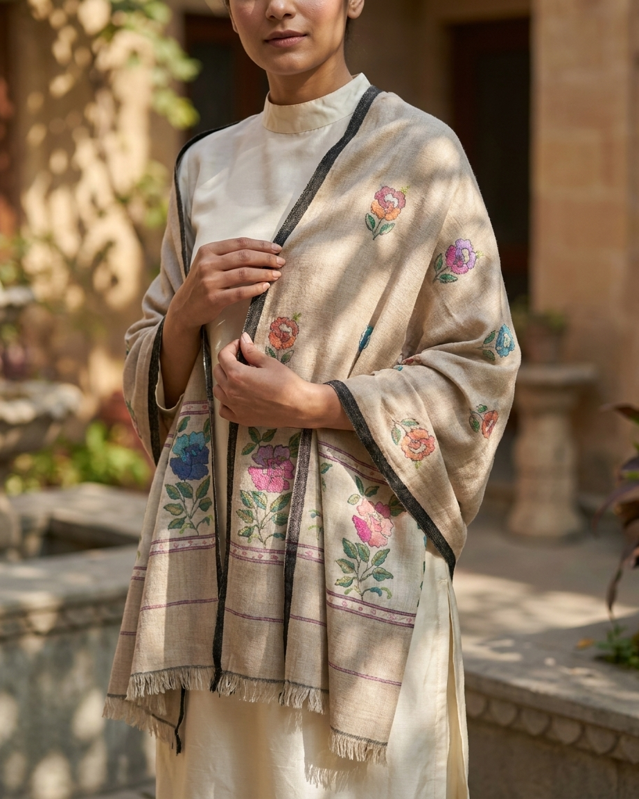 Natural Beige Garden Floral Butti Kani Cashmere Pashmina Shawl — Handwoven in Kashmir — image 6