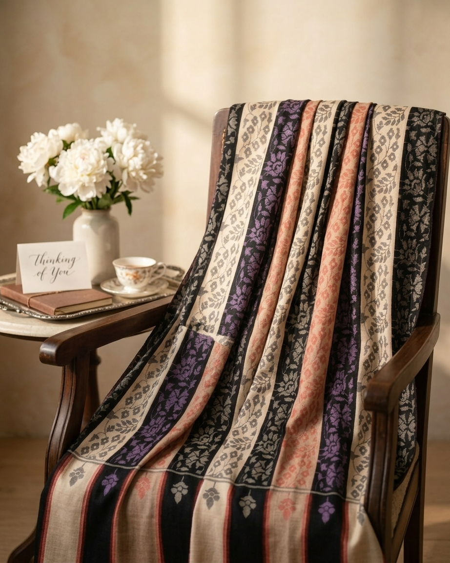 Ivory Black Purple Floral Kani Cashmere Pashmina Shawl — Handwoven in Kashmir