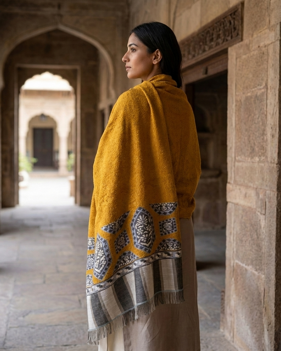 Mustard Medallion Border Kani Cashmere Pashmina Shawl — Handwoven in Kashmir — image 5