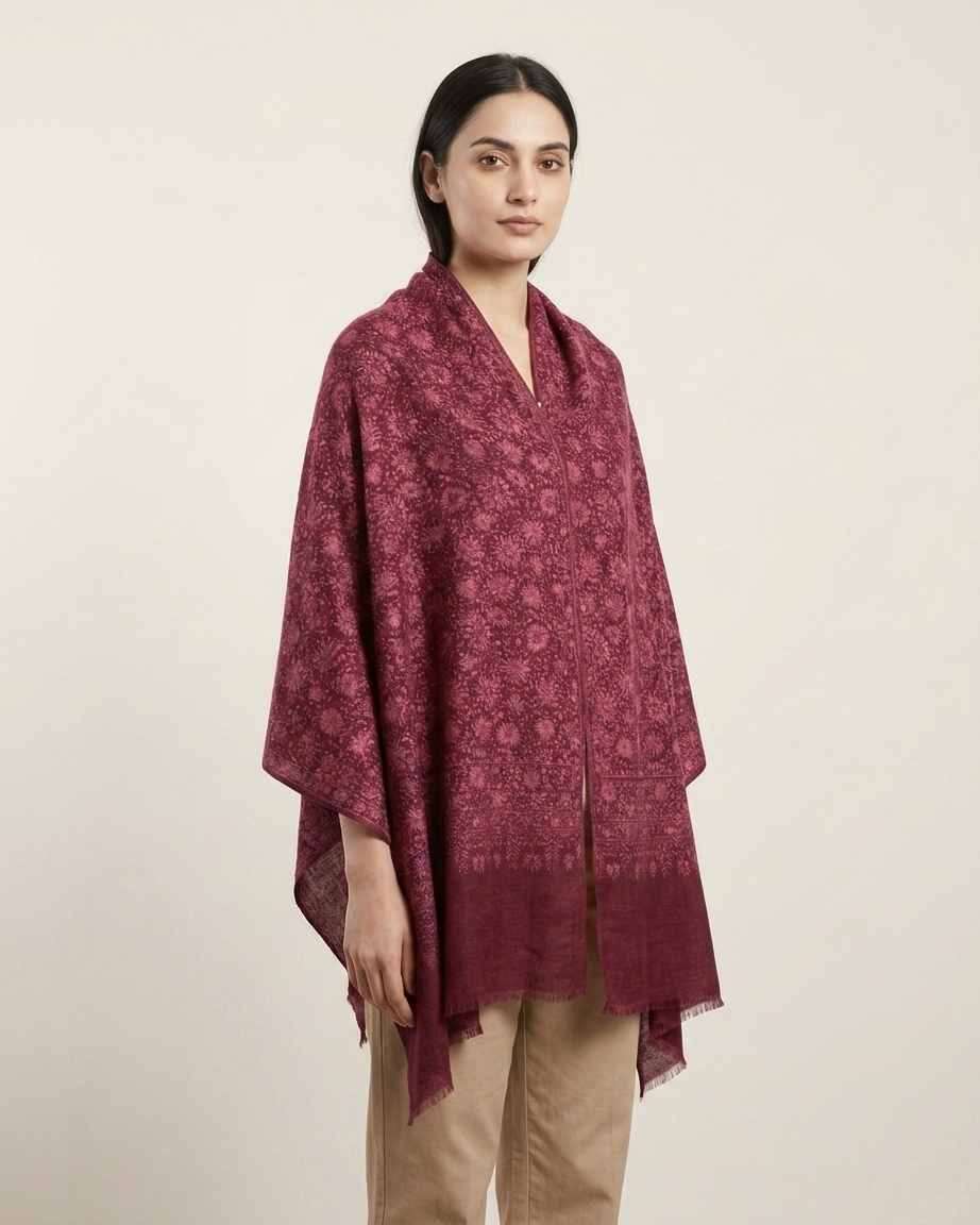 Burgundy Tonal Floral Damask Maheen Kari — Handwoven in Kashmir — image 1