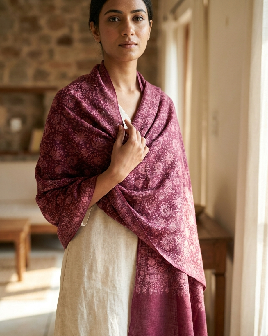Burgundy Tonal Floral Damask Maheen Kari — Handwoven in Kashmir — image 2