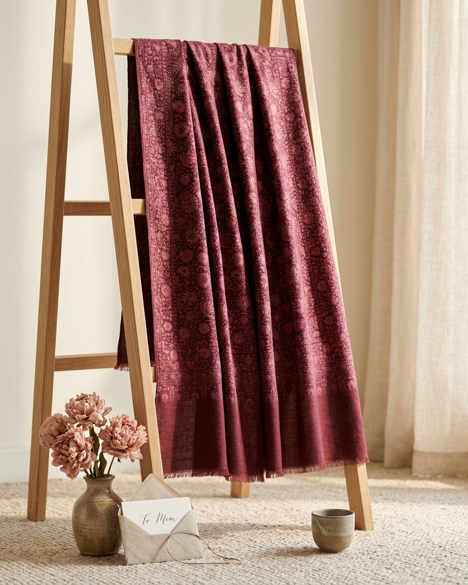 Burgundy Tonal Floral Damask Maheen Kari — Handwoven in Kashmir — image 3