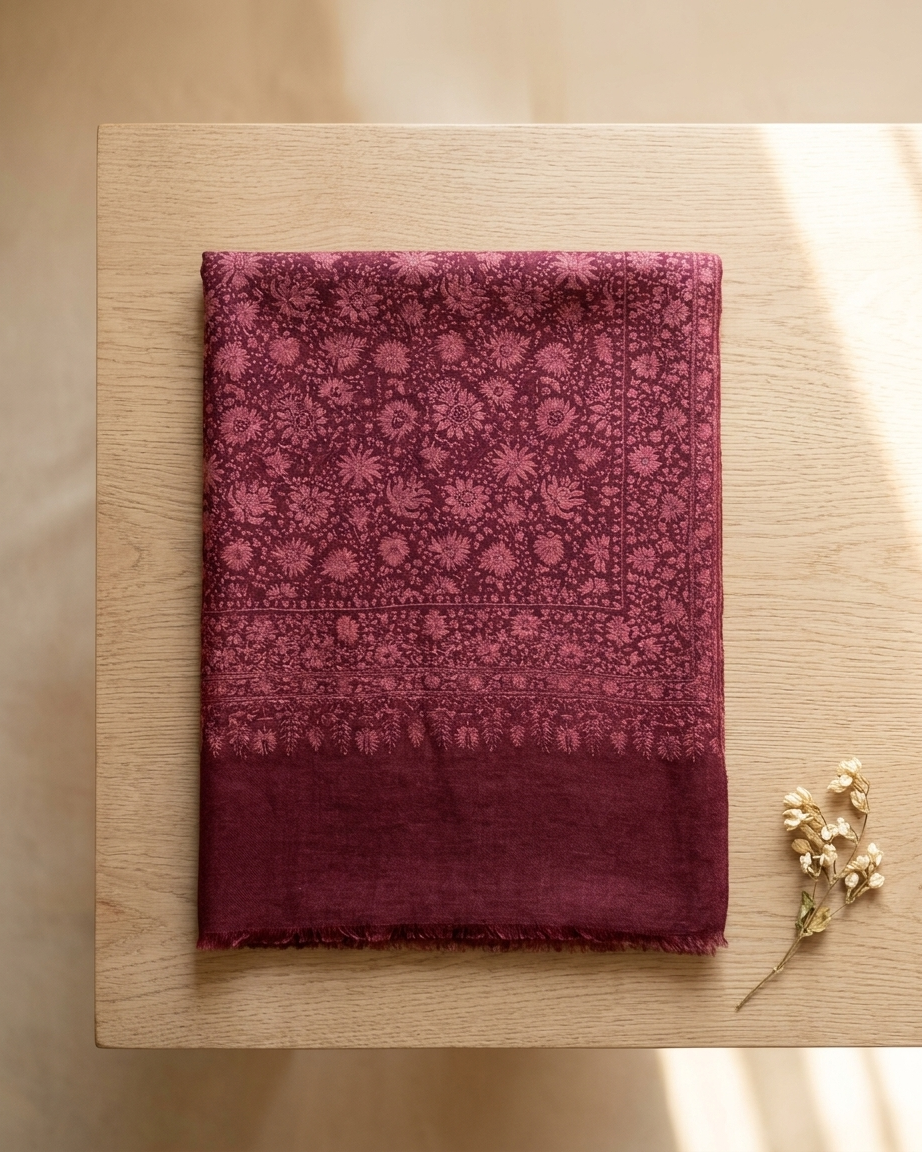 Burgundy Tonal Floral Damask Maheen Kari — Handwoven in Kashmir — image 4