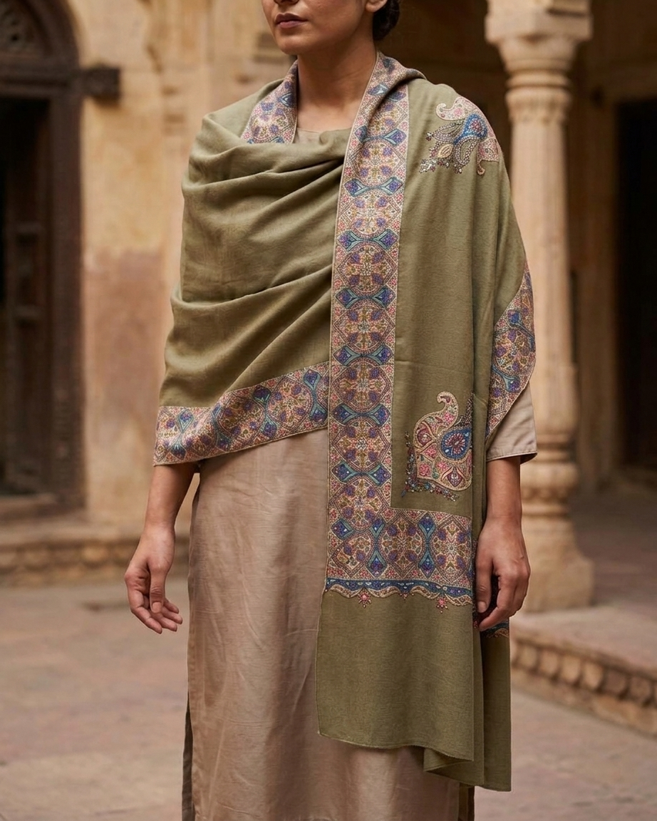 Olive Green Paisley Border Maheen Kari — Handwoven in Kashmir — image 4