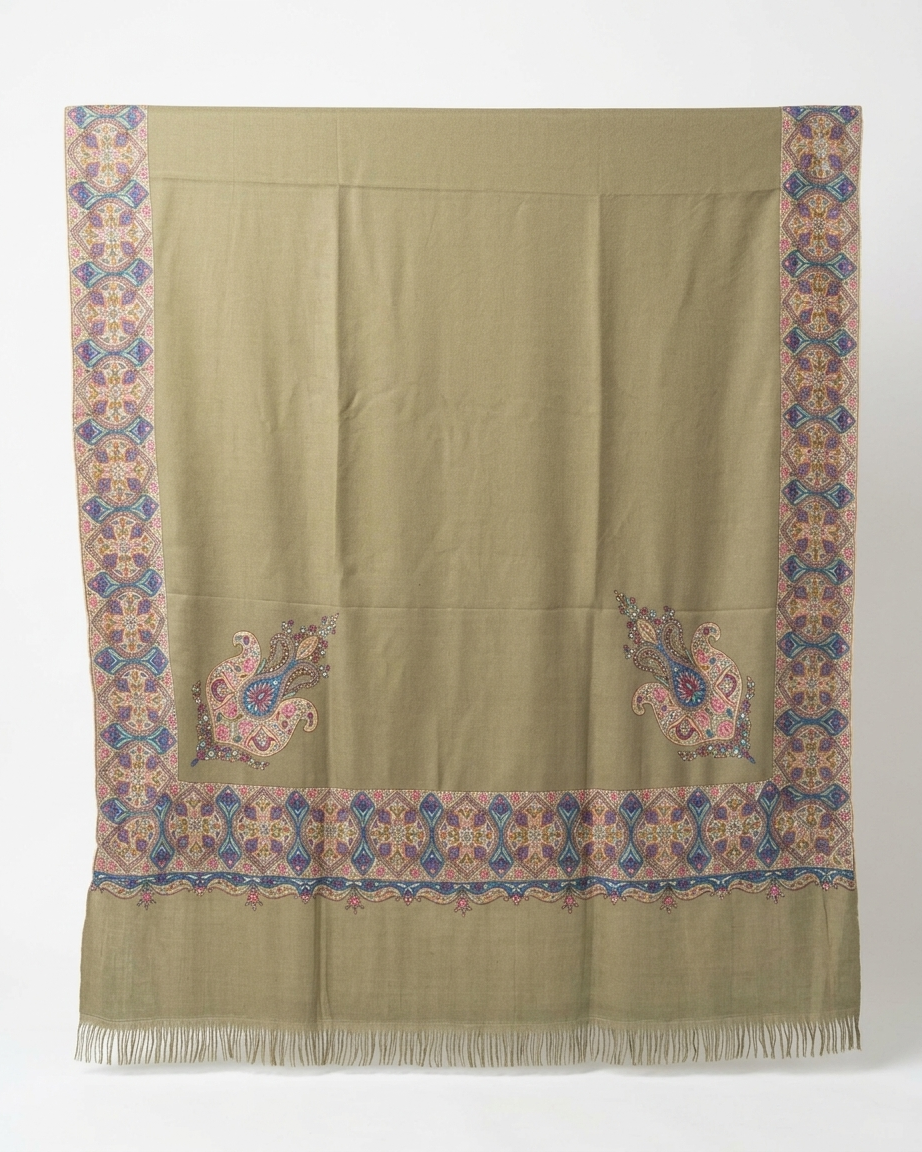 Olive Green Paisley Border Maheen Kari — Handwoven in Kashmir — image 1