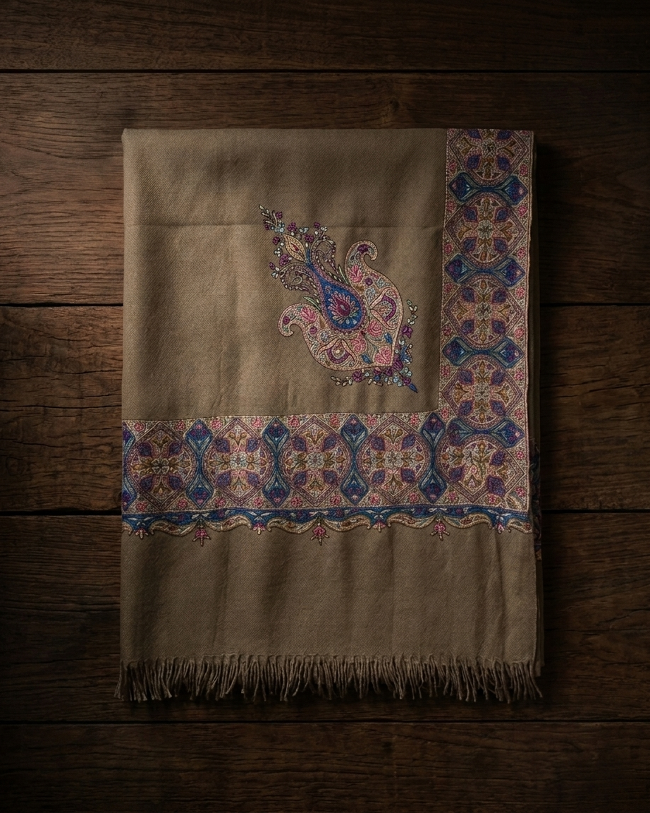 Olive Green Paisley Border Maheen Kari — Handwoven in Kashmir — image 2