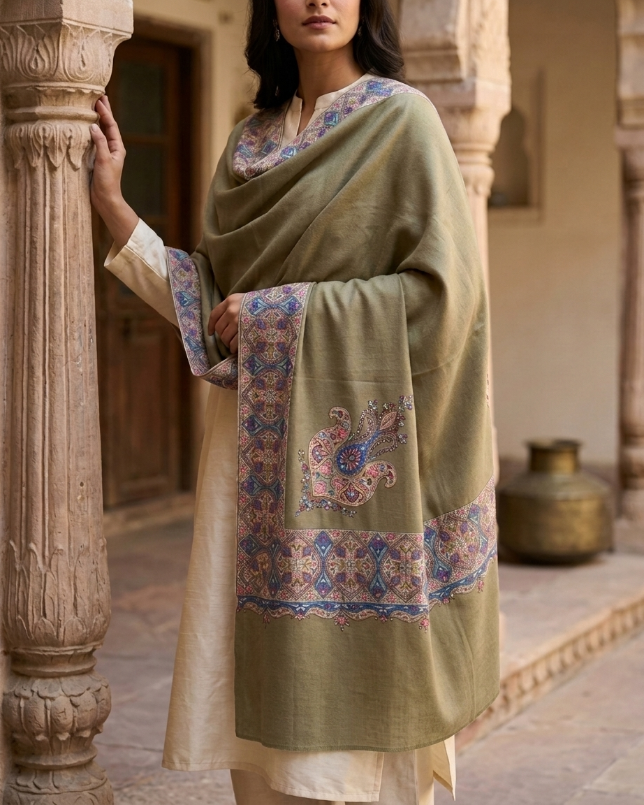 Olive Green Paisley Border Maheen Kari — Handwoven in Kashmir — image 3